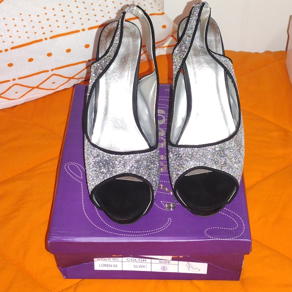 Sparkling Silver and Black Peep toe Heels